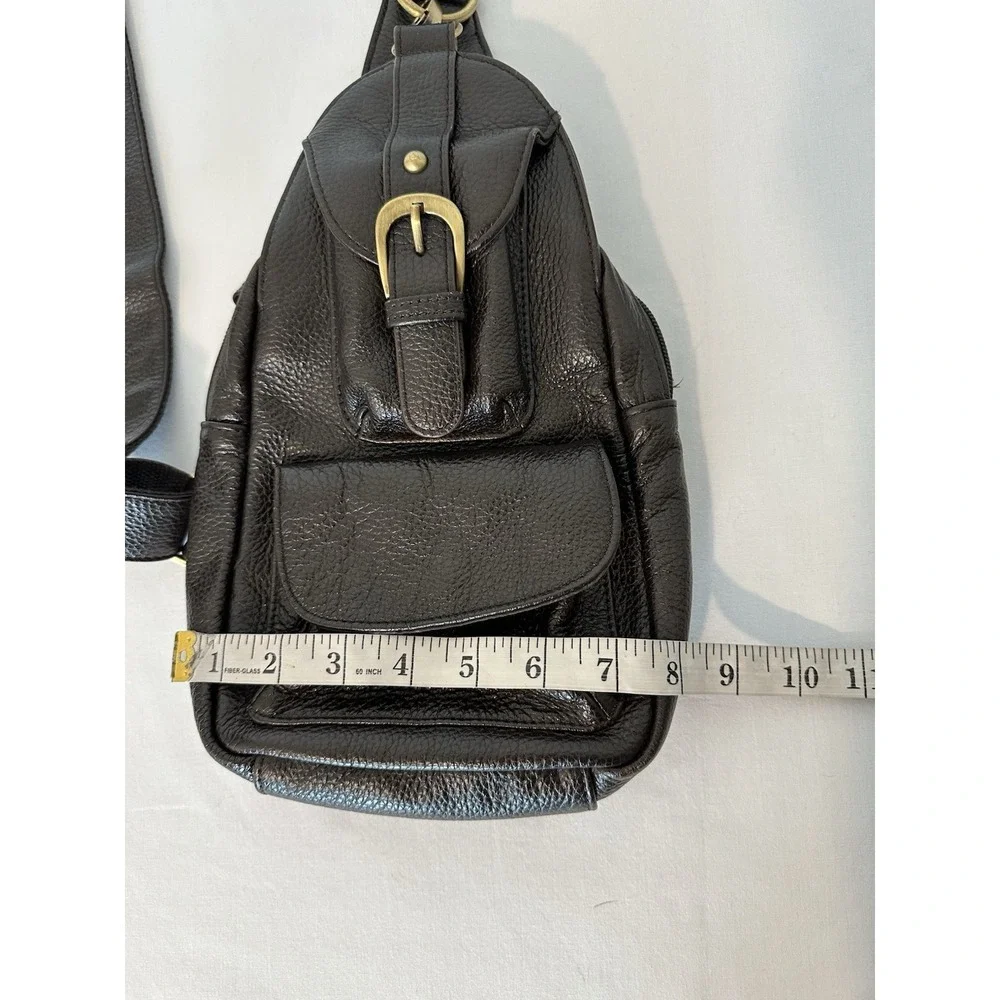 Black Leather Messenger Sling Bag with Gold Buckle